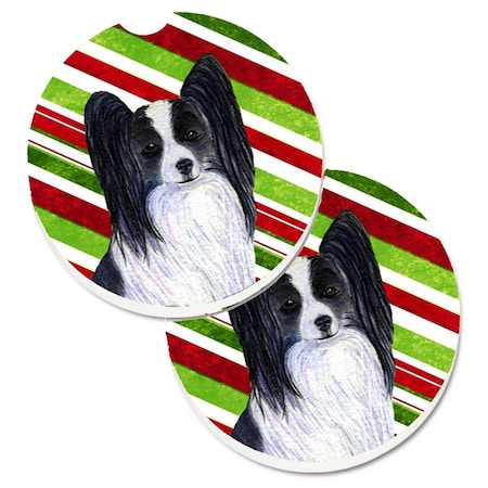 Carolines Treasures Papillon Candy Cane Holiday Christmas Set of 2 Cup Holder Car Coaster SS4574CARC